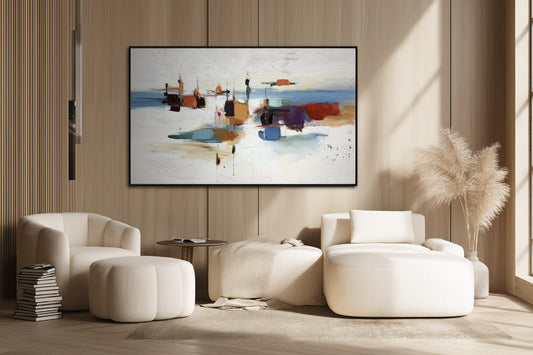 Bold abstract art contrasting the boucle furniture and warm wood paneling, adding a dynamic color focal point to the neutral room.