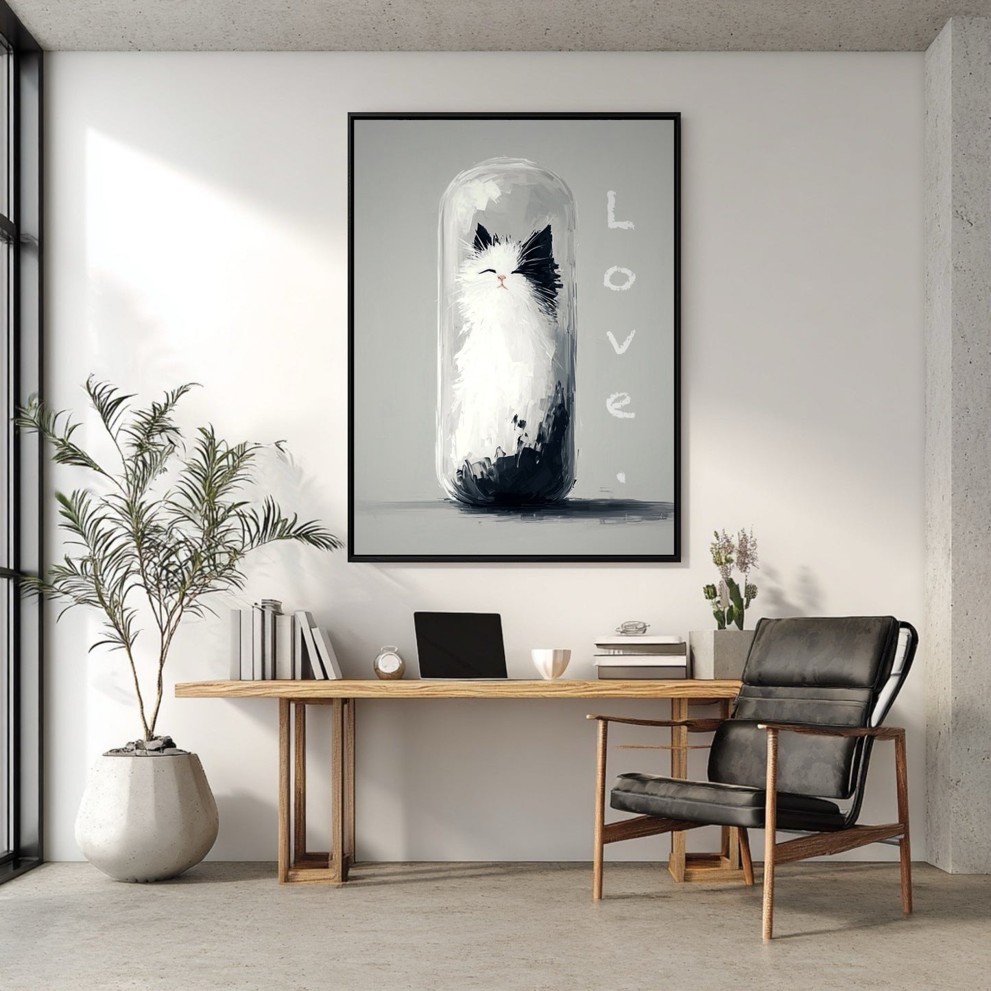 The minimalist black and white cat art complements the natural wood desk and black leather chair in a bright, modern, organic office.