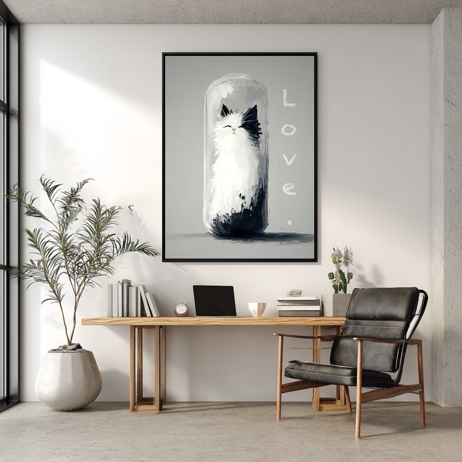 The minimalist black and white cat art complements the natural wood desk and black leather chair in a bright, modern, organic office.