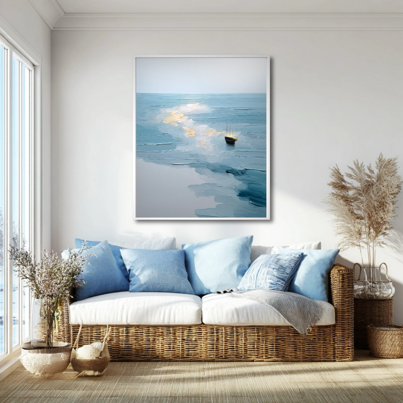 Original nautical painting above a wicker couch with blue pillows; the cool blue art complements the cozy, light-filled coastal-style living room.