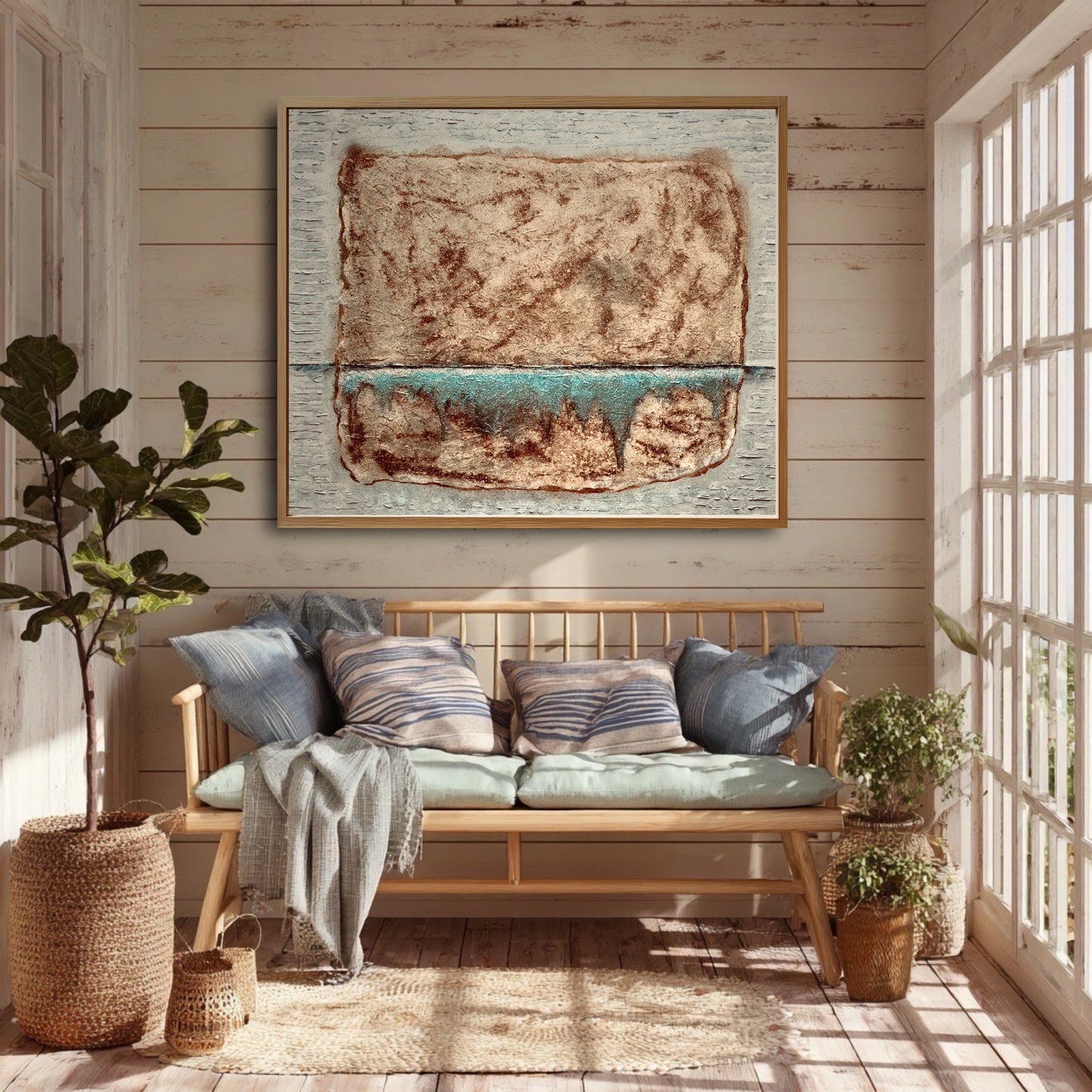 A framed abstract painting hangs on a wood-paneled wall in a bright sunroom, coordinating with the blue pillows on a wood bench.