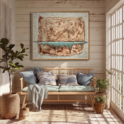 A framed abstract painting hangs on a wood-paneled wall in a bright sunroom, coordinating with the blue pillows on a wood bench.