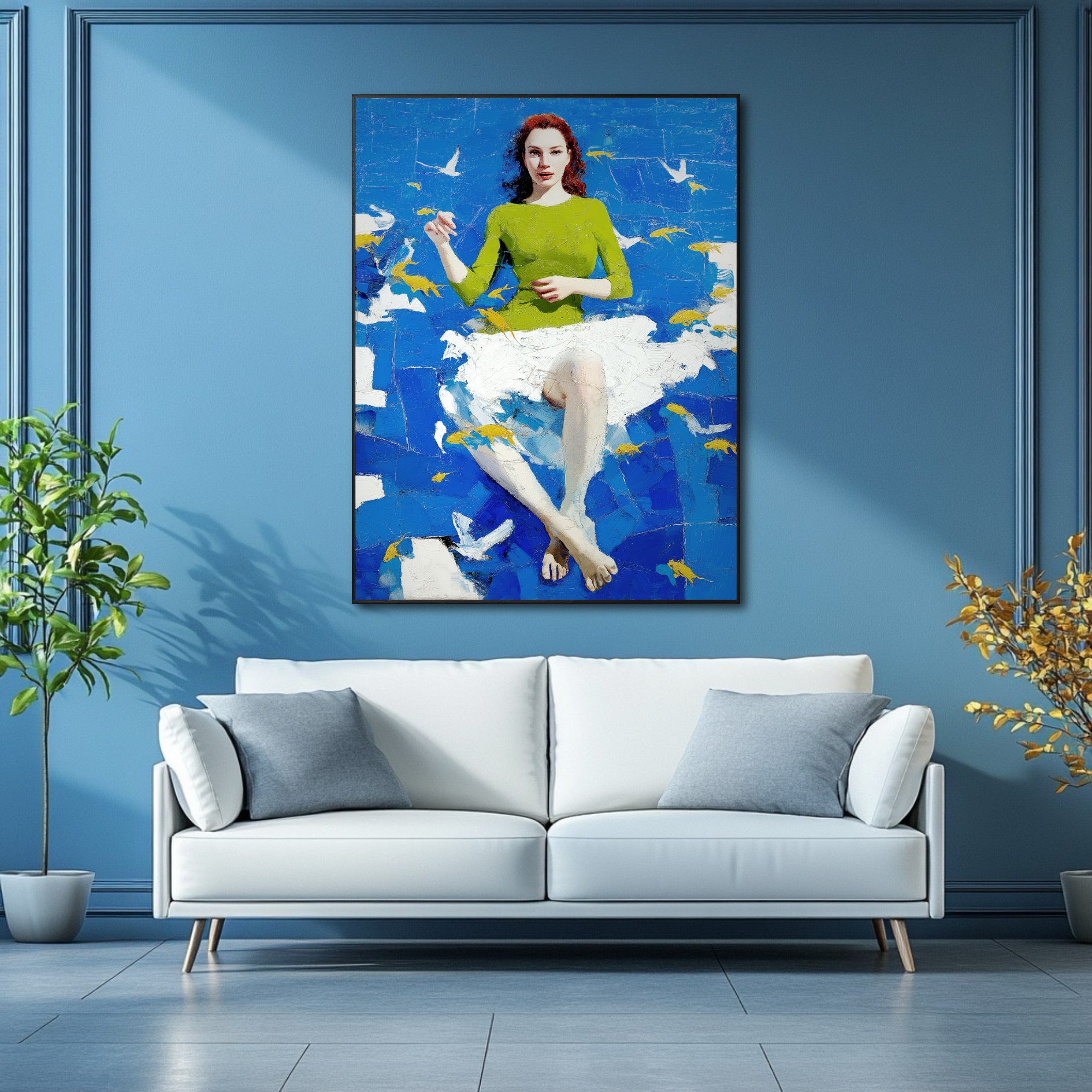Striking original painting of a woman in blue, a focal point above a minimalist white sofa, enhancing a serene, modern living room with cool tones.