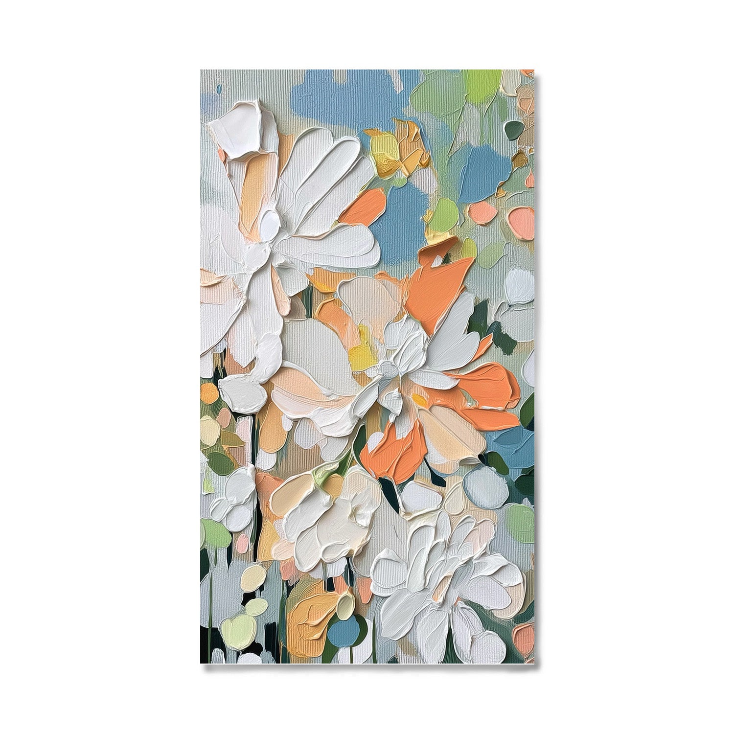 Original abstract floral painting: textured acrylic art, cool blue-green colors. Modern expressionist canvas wall decor.