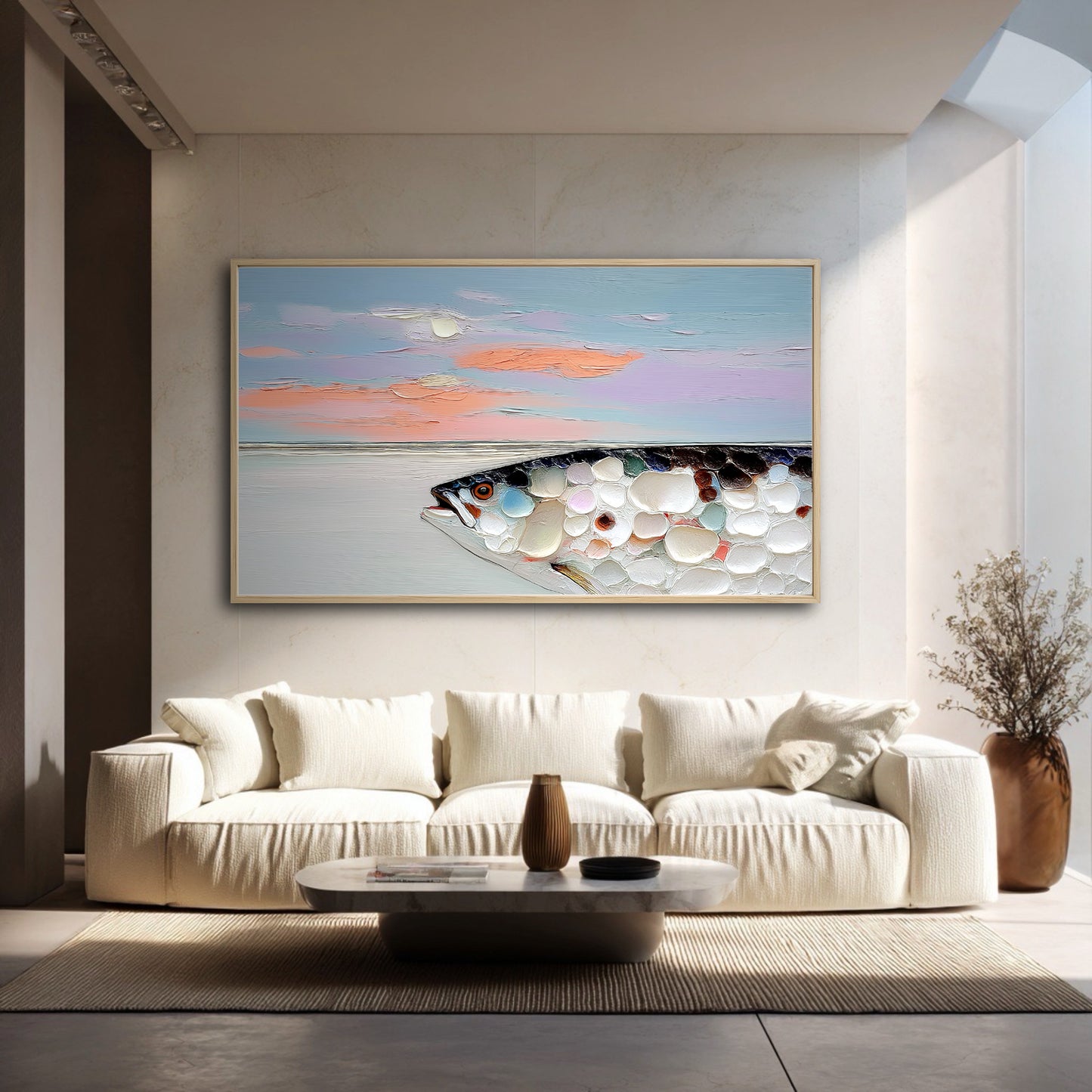 A large, textured fish painting hangs in a bright, minimalist living room above a plush, cream-colored sofa.