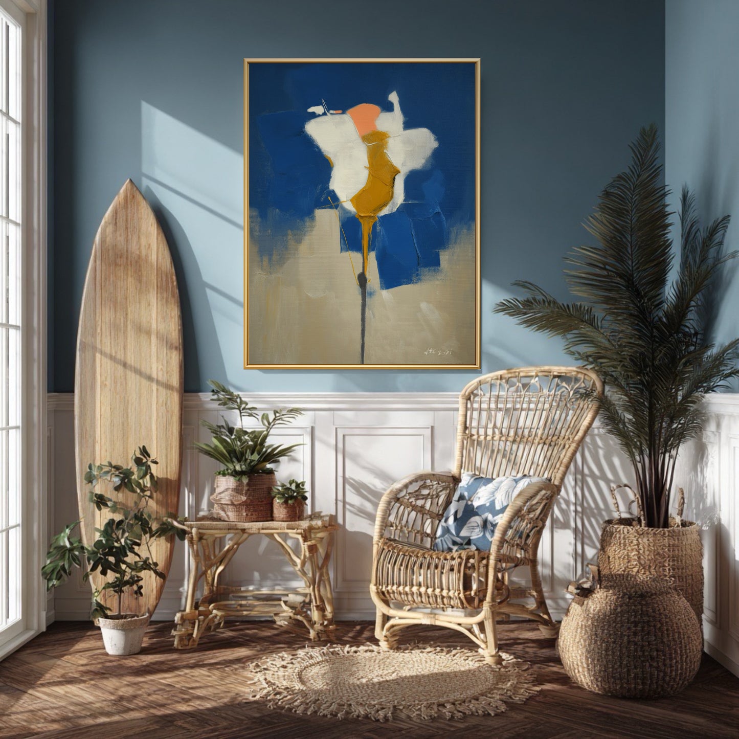 Original abstract blue art in a coastal room. Deep ocean tones in the painting complement the rustic surfboard and sunlight.