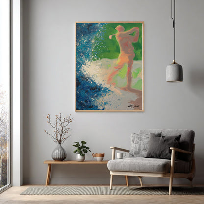 Abstract golf wall art in a minimalist grey living room. Vibrant blue and green colors pop against the neutral calm decor.