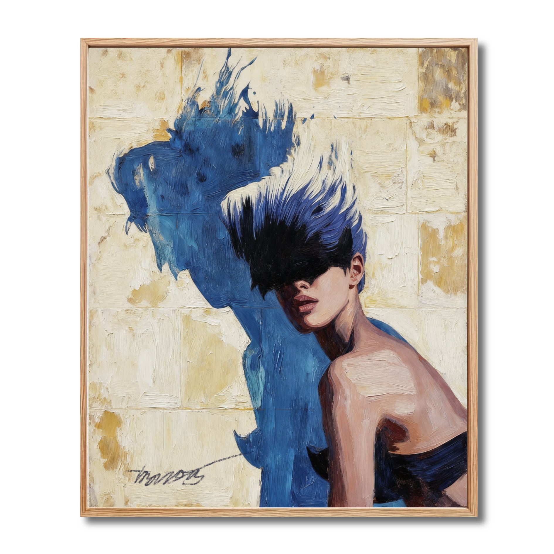 Original framed oil painting of a woman with stylized hair. A large abstract blue shadow is cast on a textured cream wall.