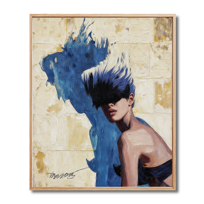 Original framed oil painting of a woman with stylized hair. A large abstract blue shadow is cast on a textured cream wall.