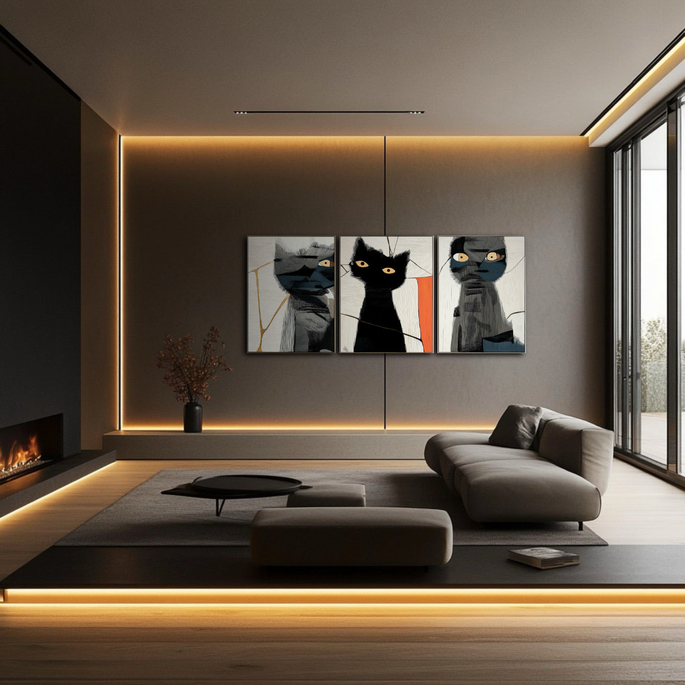 Large cat triptych centered above a low profile sofa, enhancing the warm, ambient lighting and minimalist luxury of the room.