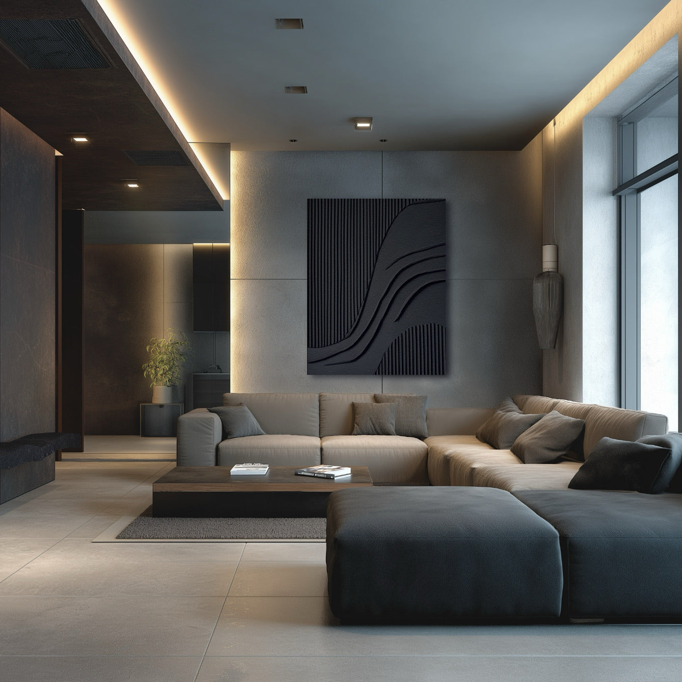 Abstract art integrating into a minimalist space. Its neutral tone enhances the moody grey architecture and modern lighting.