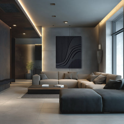 Abstract art integrating into a minimalist space. Its neutral tone enhances the moody grey architecture and modern lighting.