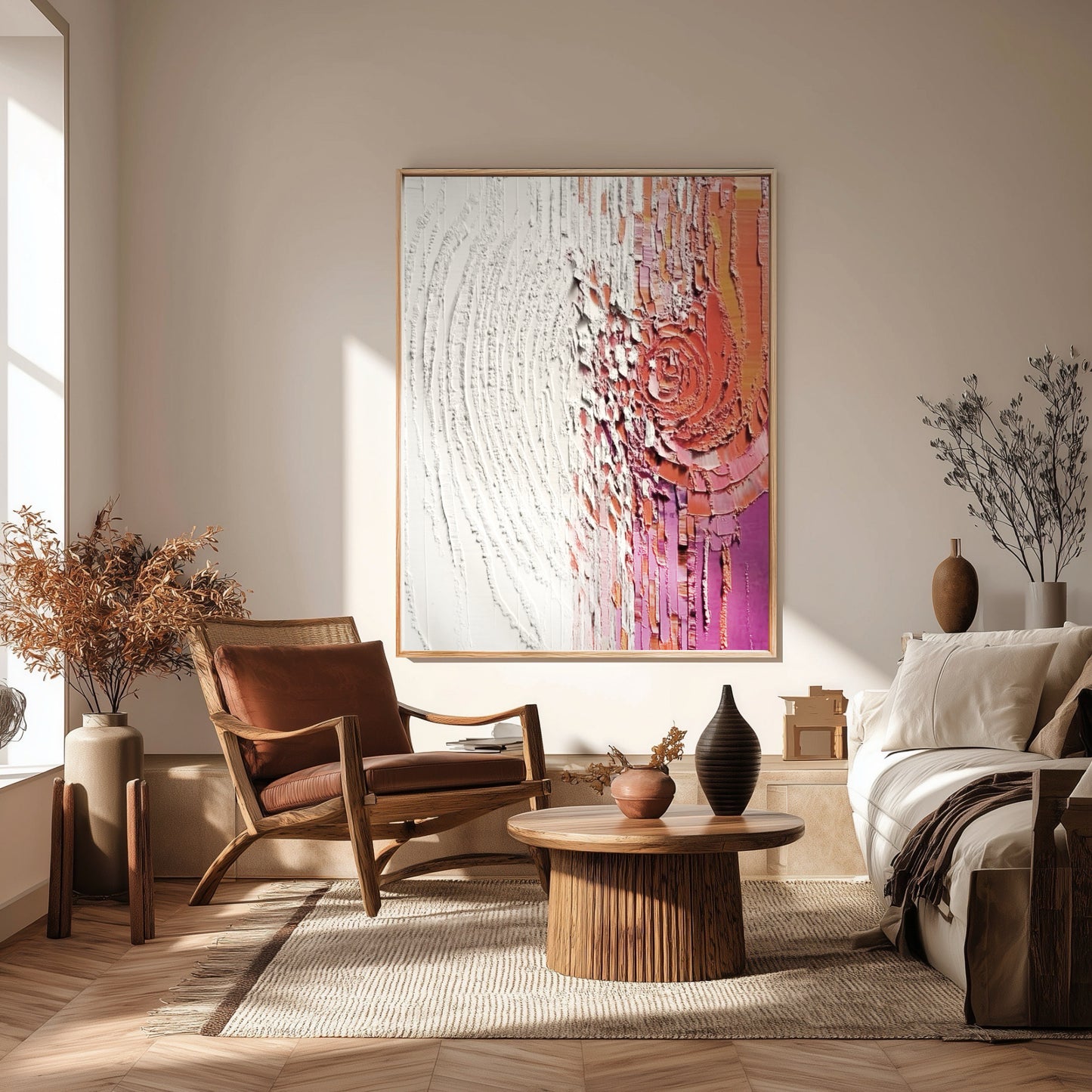 Original abstract art with heavy texture in a sunlit Japandi-style room with a wood armchair and natural decor.
