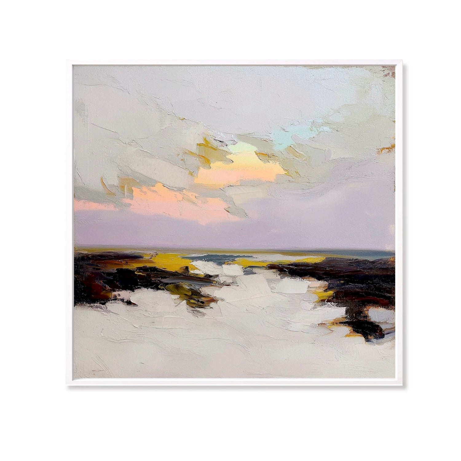 A natural expressionist hand-drawn oil painting: a square seashore landscape in rustic strokes, warm, and gold tones.