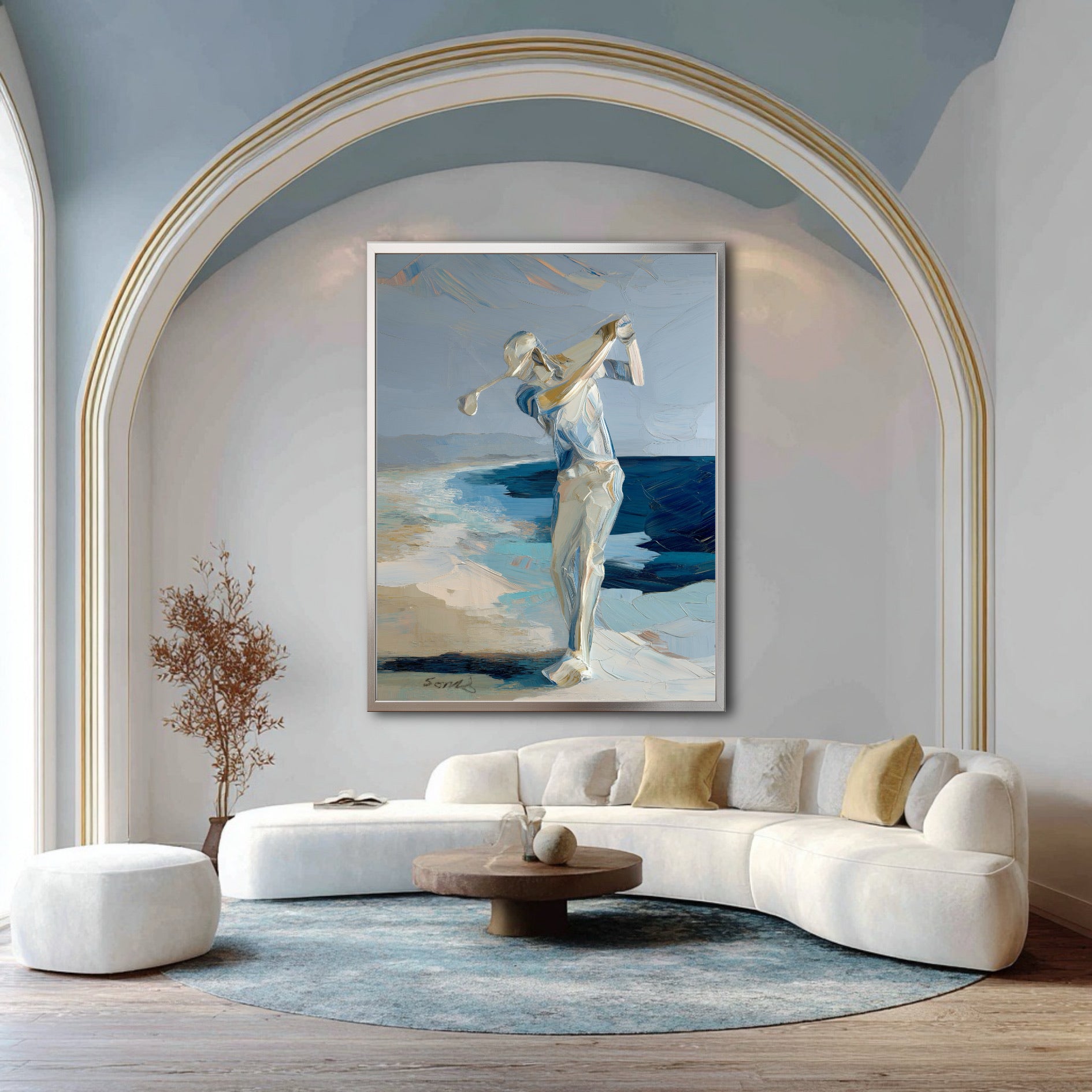 Large golf canvas in luxury living room. Blue coastal tones complement the white curved sofa and arch for a sophisticated look.