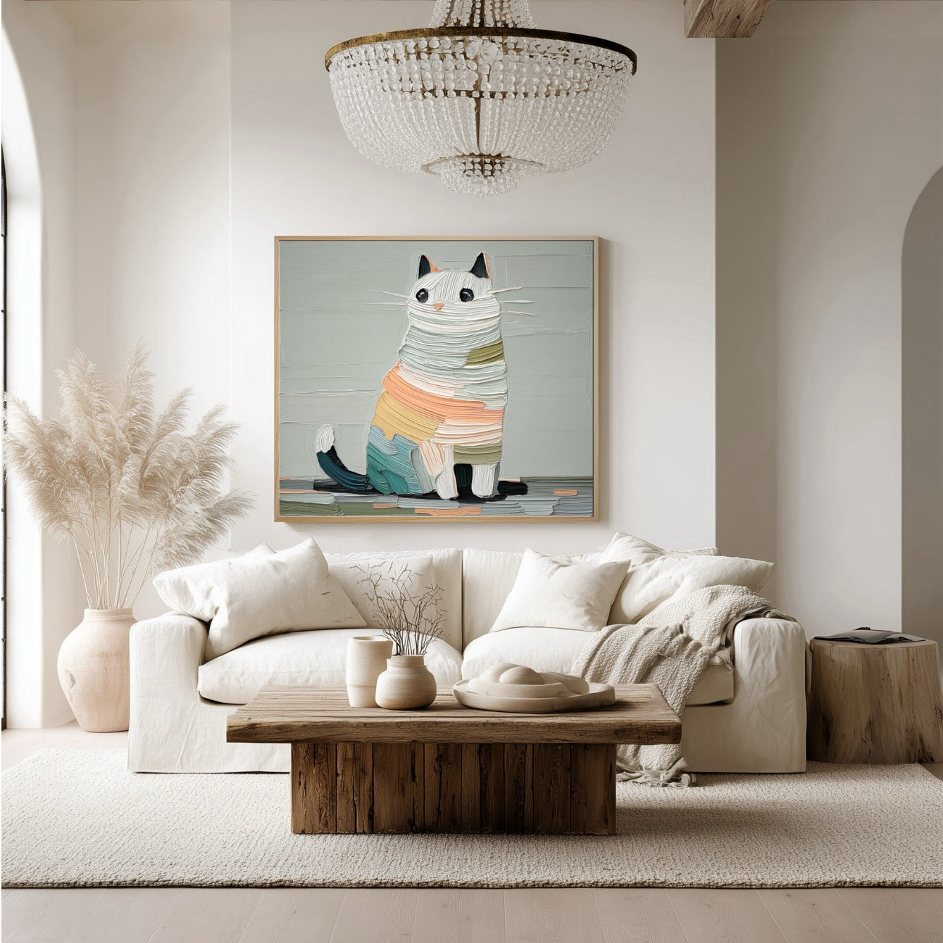 Abstract cat art provides a playful focal point over a white linen sofa and rustic wood table in an elegant, arch-filled room with a crystal chandelier.