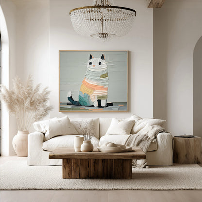 Abstract cat art provides a playful focal point over a white linen sofa and rustic wood table in an elegant, arch-filled room with a crystal chandelier.