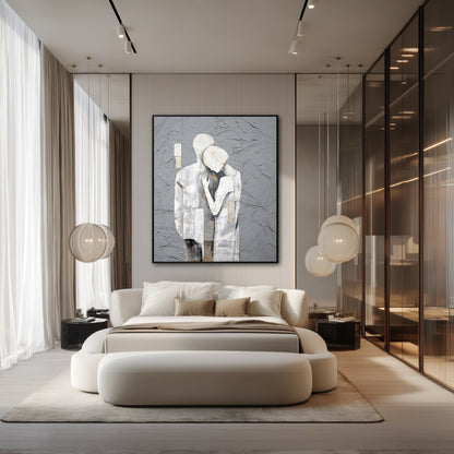 Modern living room with a sofa, ottoman, and abstract artwork on the wall.