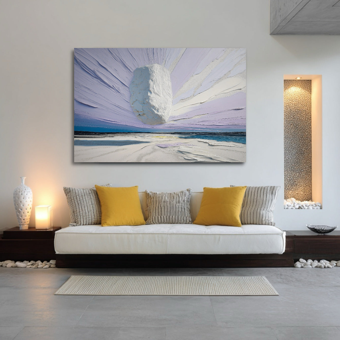 Abstract landscape creating a peaceful Vibe/Atmosphere in a minimalist room with neutral sofa, yellow cushions, and zen details.