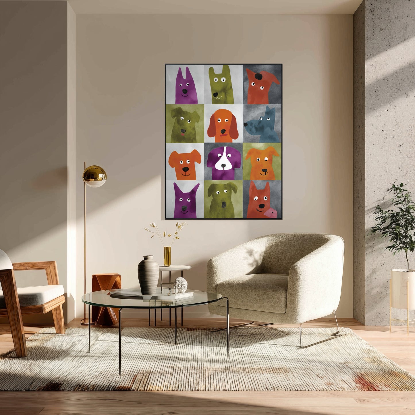 A large, colorful dog grid painting acts as a fun, modern focal point in a neutral living room with a beige chair and concrete pillar.
