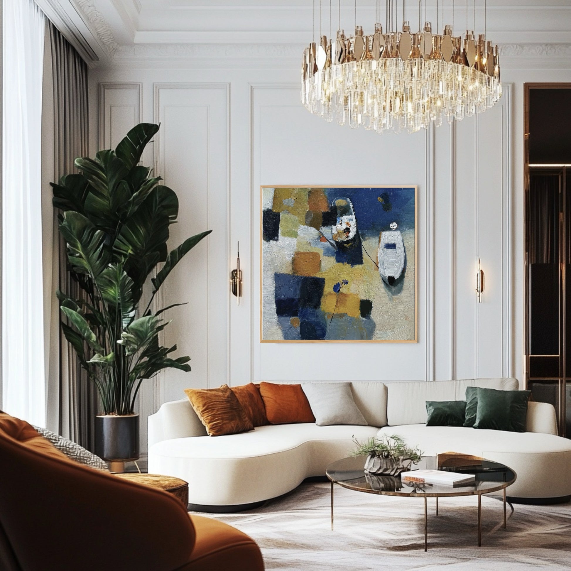 Abstract original painting provides a modern contrast in a glamorous, classic living room; white curved sofa and bronze chandelier accentuate the artwork's bold colors.