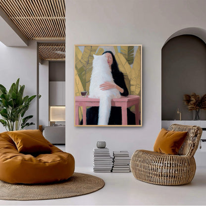 Original oil painting in a trendy, textured interior. Slatted wood ceiling, rattan chair, beanbag, and bold accent colors dominate the space.