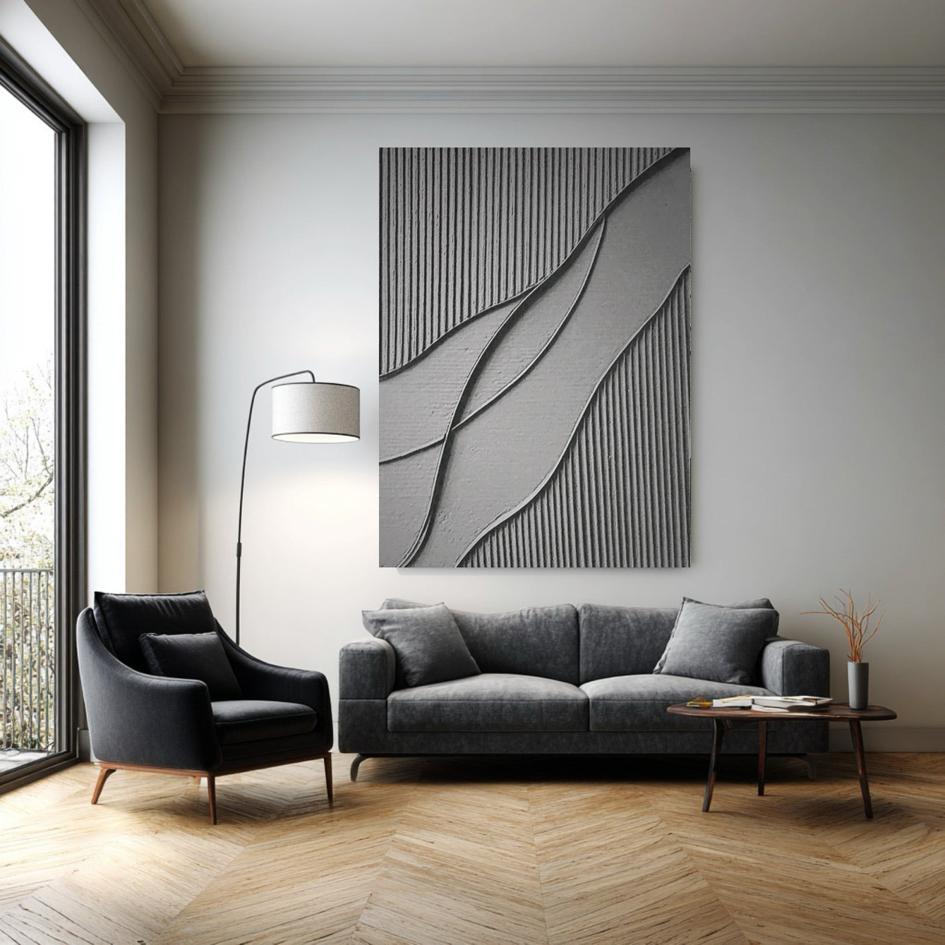 Original art on concrete wall in a high-ceiling industrial loft with massive windows, dark furniture, and raw wood credenza.