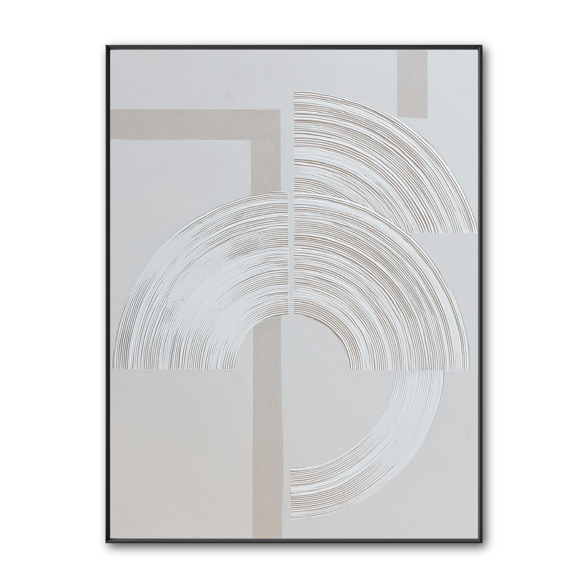Original abstract plaster art. A modern design with textured white and beige semi-circles over a geometric line background.