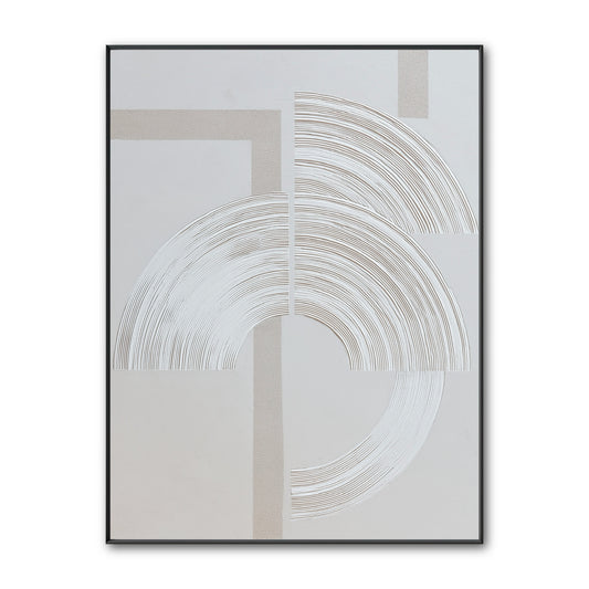 Original abstract plaster art. A modern design with textured white and beige semi-circles over a geometric line background.