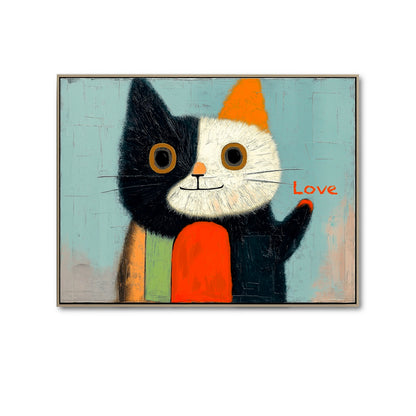 Original hand-painted black/white cat with orange patch artwork. Modern abstract folk art, blue background.