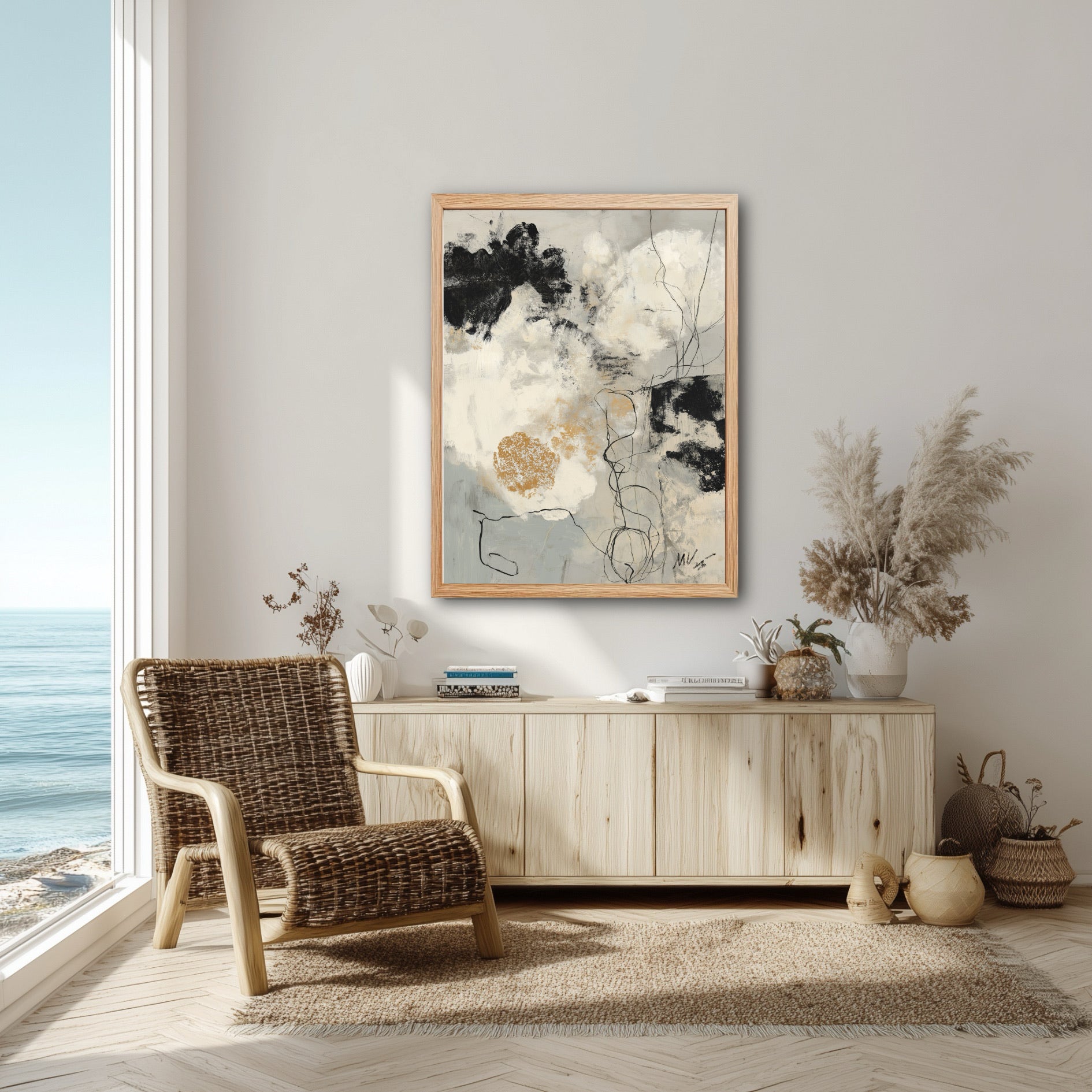 A neutral abstract painting complements a coastal boho room, its organic style matching the wicker chair and light wood console by the ocean.