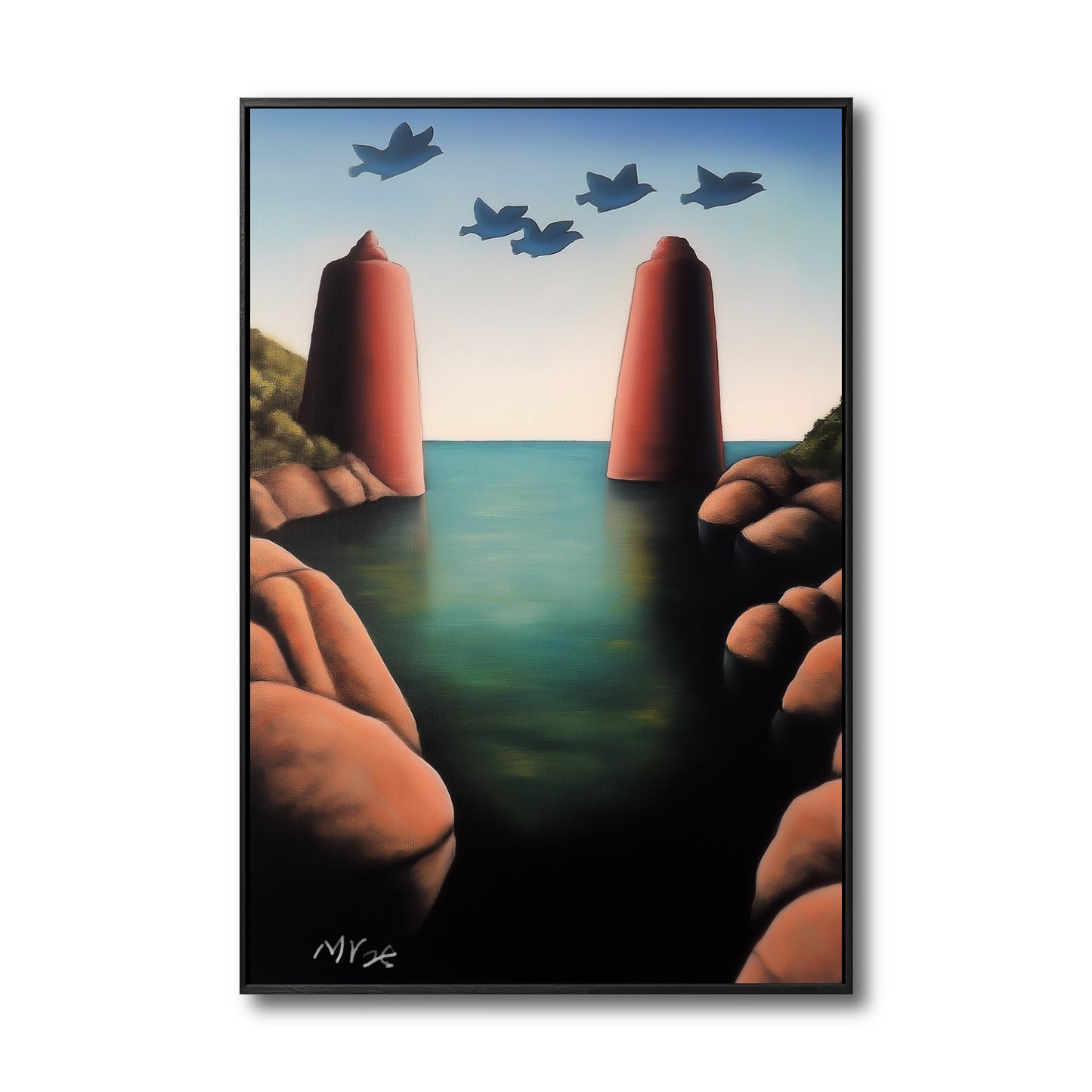 Original surreal coastal painting with tall red pillars and blue birds; serene teal and earth tone cinematic vibe.