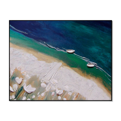 Original thick texture hand-painted aerial beach oil painting. Cool blue, teal, and white impasto seascape art with small boats.