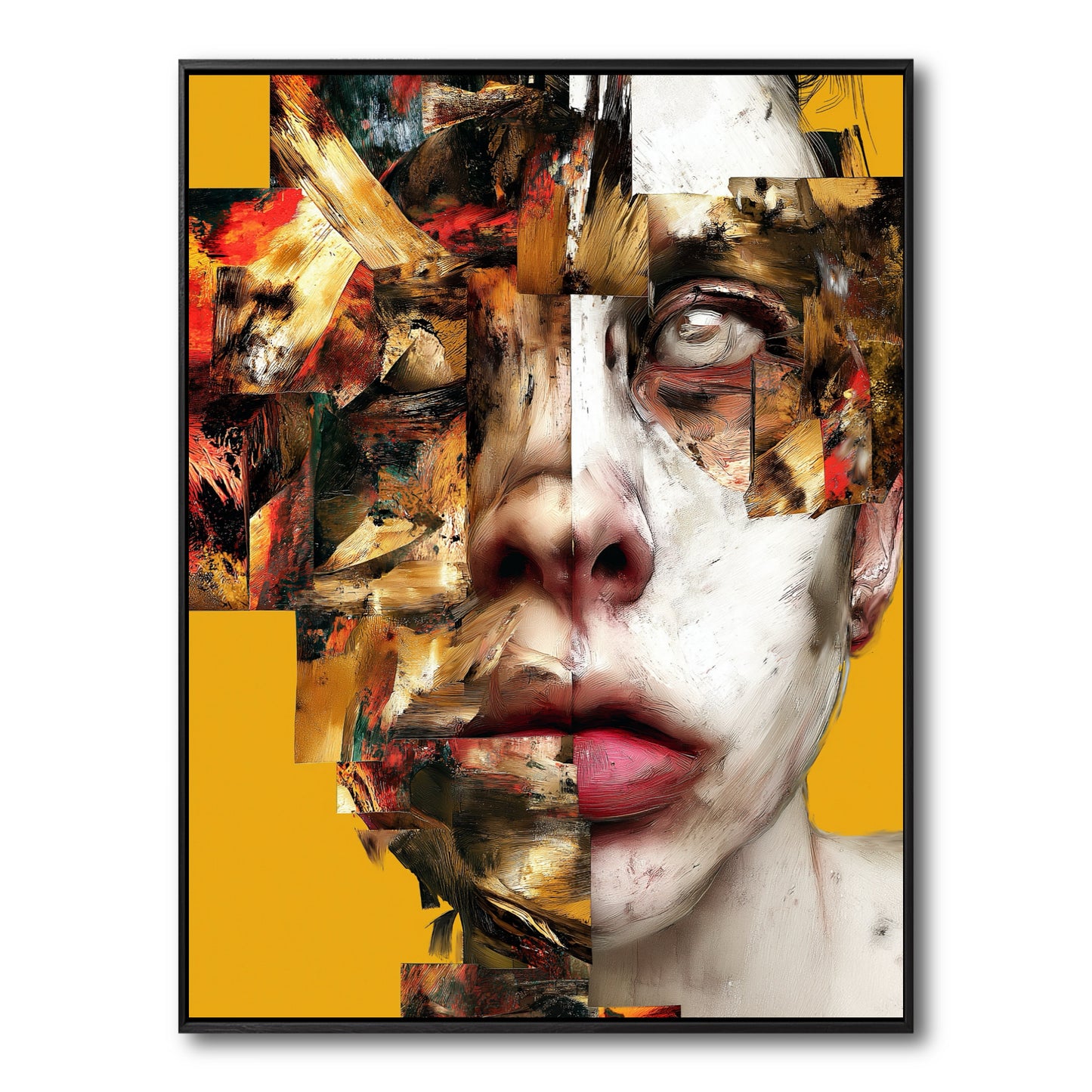Original abstract figurative painting of a deconstructed face on a solid yellow background, blending chaotic texture and pale realism.