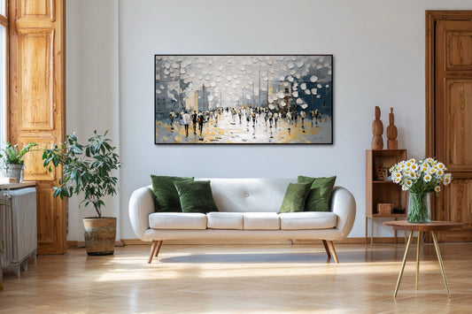 Textured abstract crowd art adds modern flair above a curved white sofa, enhancing the warm wood paneling and natural plants.