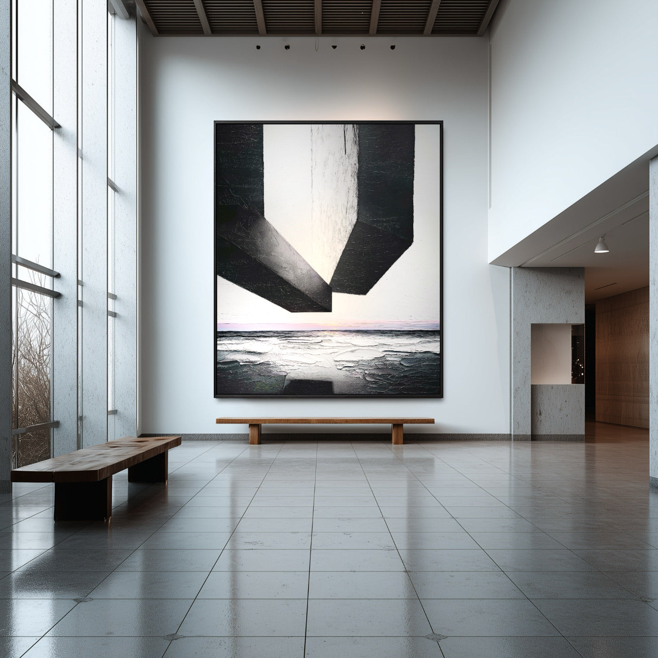 Original black and white abstract painting grounding a modern hallway with a leather bench and minimalist black sconces; a sophisticated vibe.