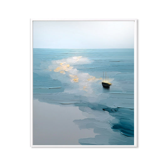 Original hand-painted acrylic ocean art. Cold-toned blue sea texture, solitary sailboat, gold-leaf movement. Coastal vibe painting.