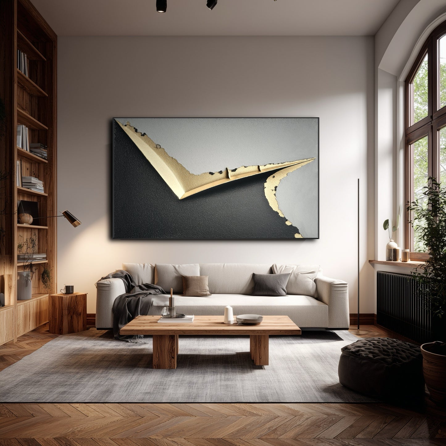 Large horizontal abstract art in a modern loft living room with wood bookshelves, herringbone floors, and a tall window.