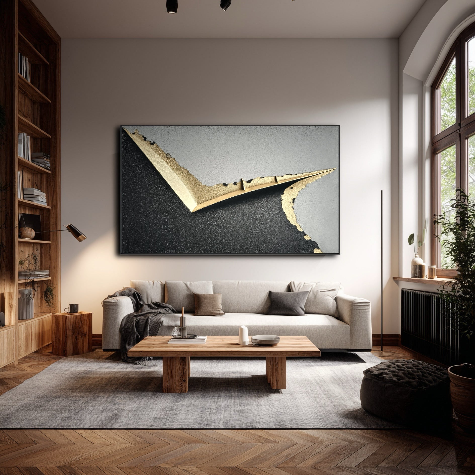 Large horizontal abstract art in a modern loft living room with wood bookshelves, herringbone floors, and a tall window.