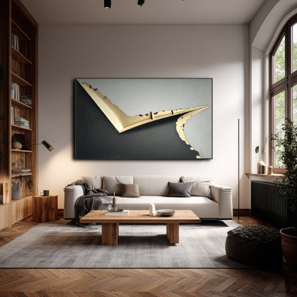 Large horizontal abstract art in a modern loft living room with wood bookshelves, herringbone floors, and a tall window.