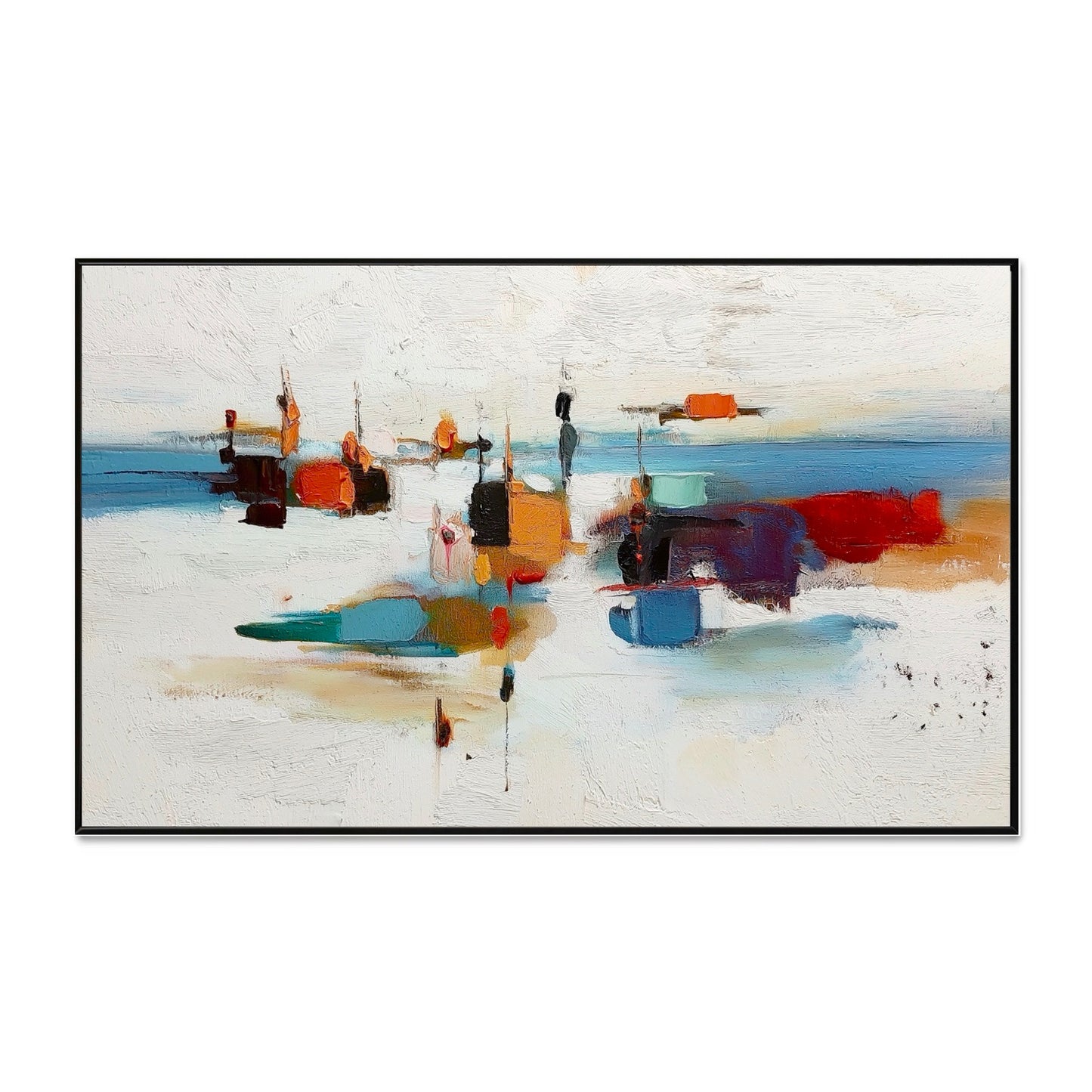 Original hand-painted abstract harbor oil painting. White, red, and blue high-contrast art for modern urban decor.