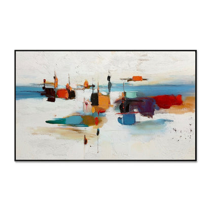 Original hand-painted abstract harbor oil painting. White, red, and blue high-contrast art for modern urban decor.