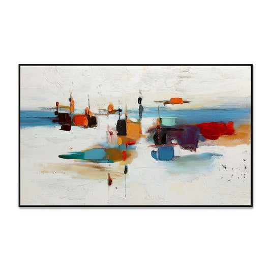 Original hand-painted abstract harbor oil painting. White, red, and blue high-contrast art for modern urban decor.
