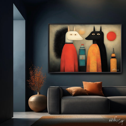 Bold surrealist art on a navy wall matching orange pillows and earthy textures in a moody, modern lounge.
