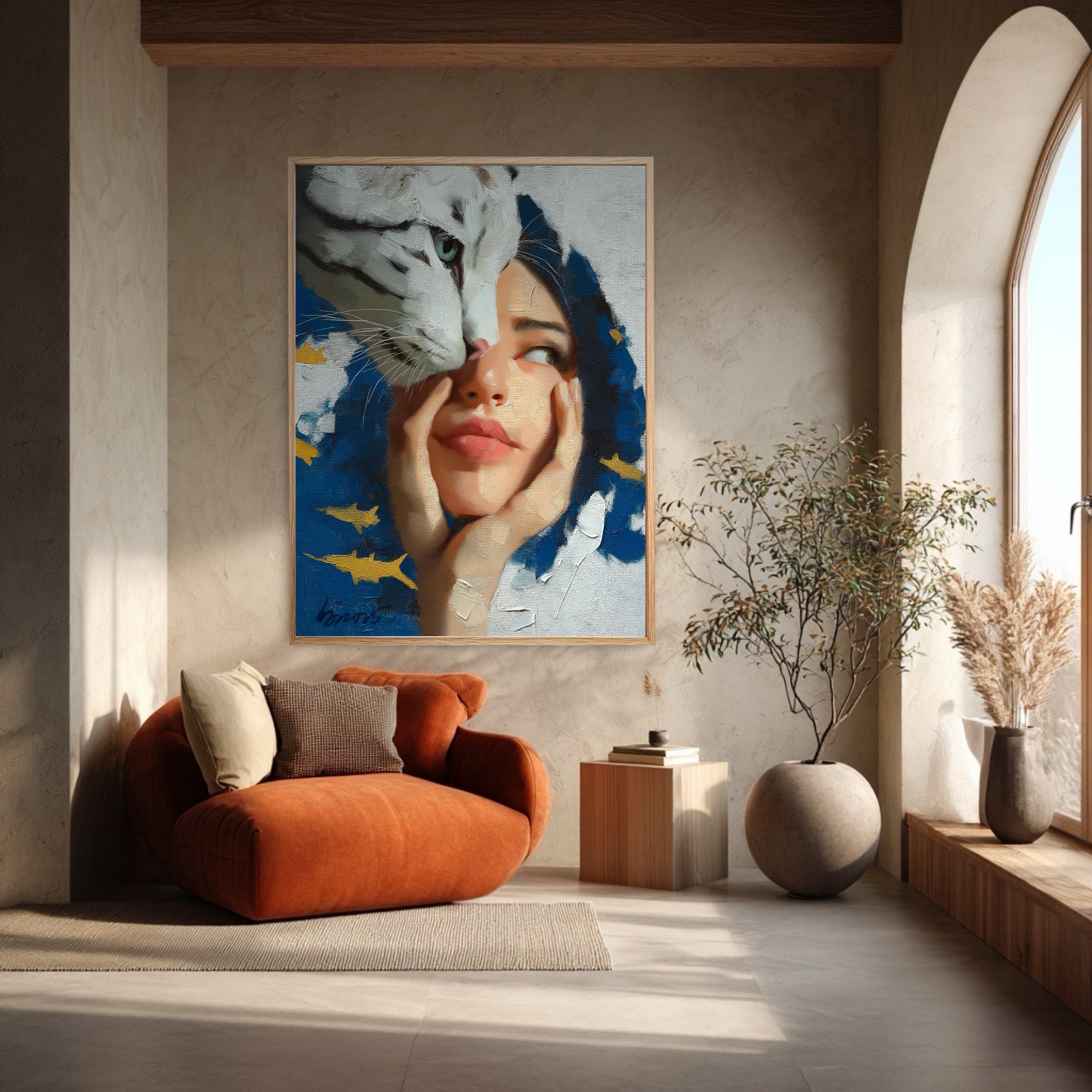 Framed surrealist painting hanging in a minimalist room with an orange armchair, a plant, and a large arched window.