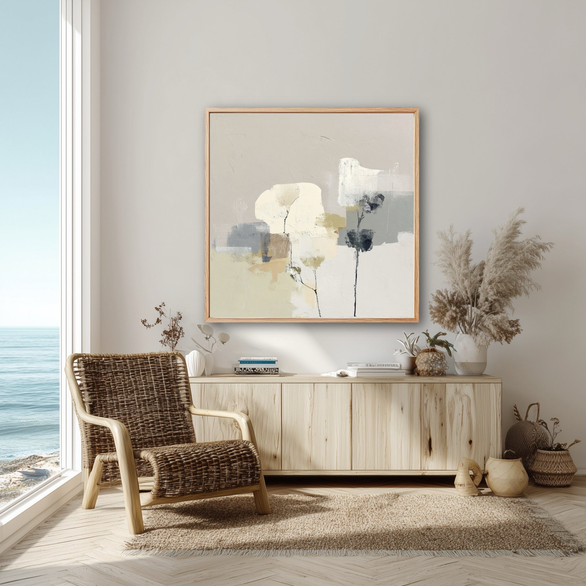 A neutral abstract floral painting enhances a coastal boho living room, its organic tones matching the wicker chair and light wood console.