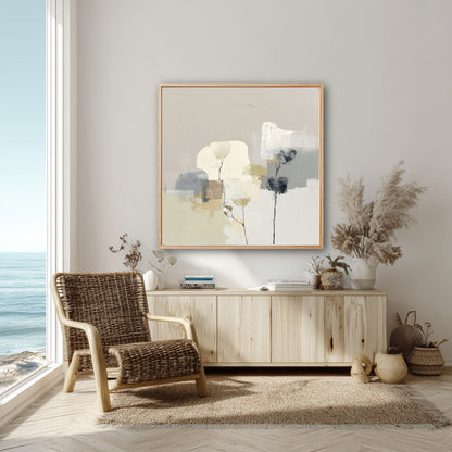 A neutral abstract floral painting enhances a coastal boho living room, its organic tones matching the wicker chair and light wood console.