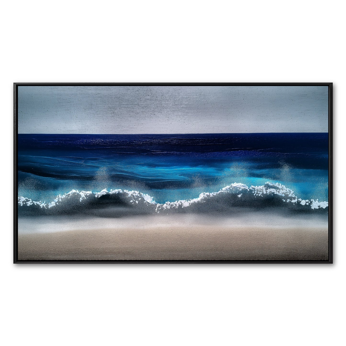 Original modern painting of a deep blue ocean wave crashing on a beach. Features a textured gray sky. Cool, powerful vibe.