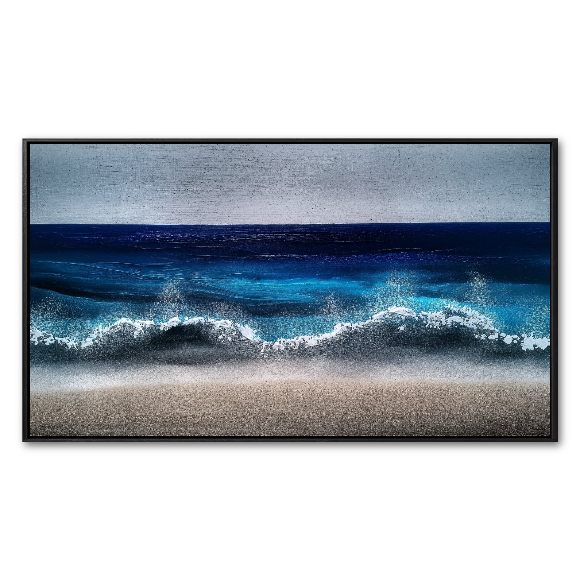 Original modern painting of a deep blue ocean wave crashing on a beach. Features a textured gray sky. Cool, powerful vibe.