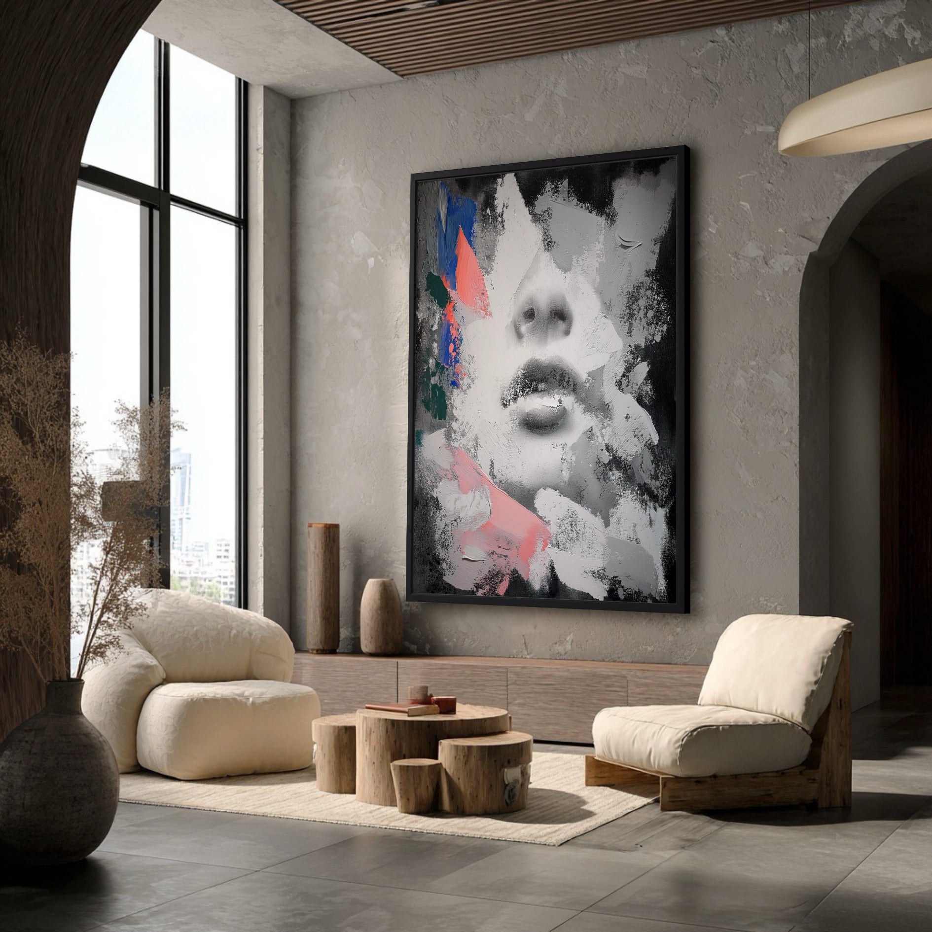 Large framed abstract painting in a minimalist room with concrete walls and low-profile cream furniture.